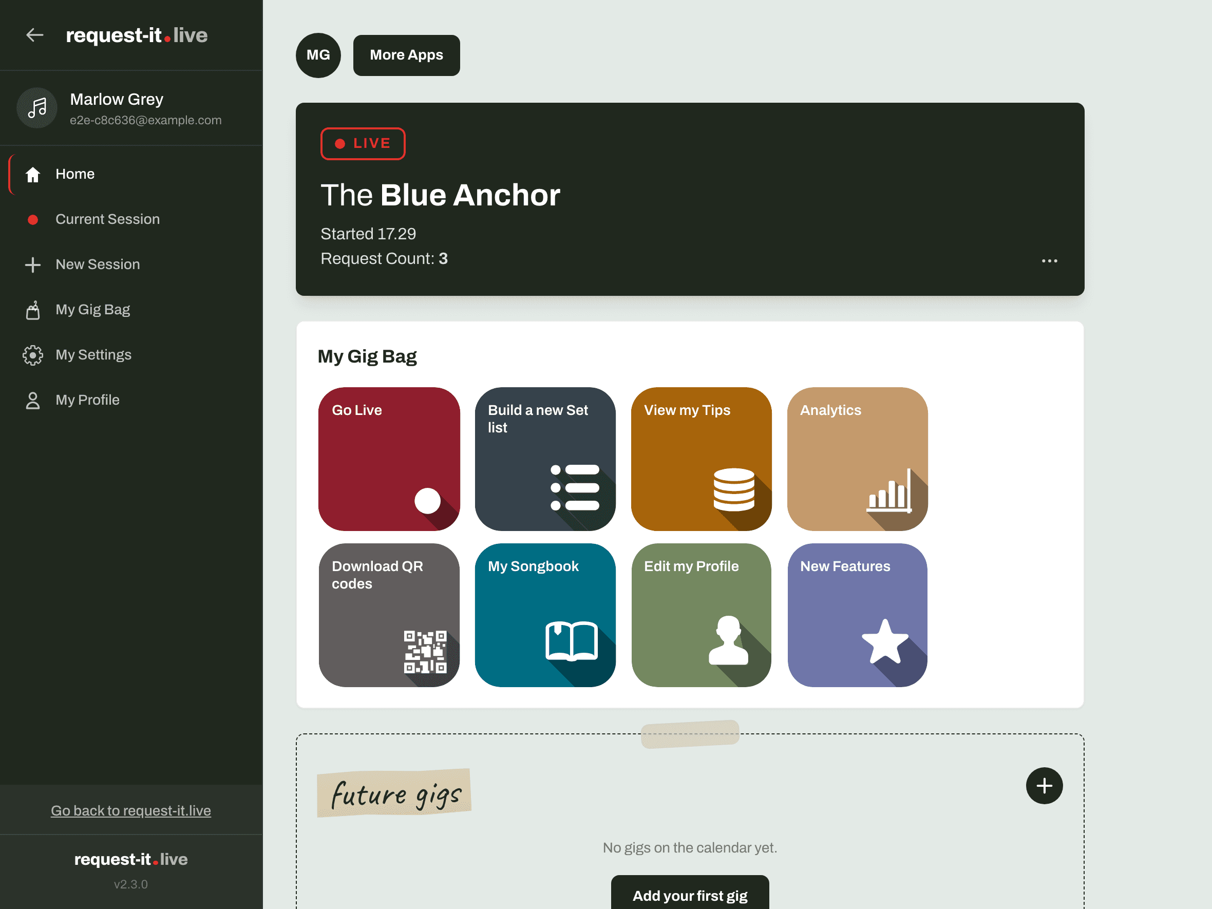 The Request It Live artist dashboard: a live session at The Blue Anchor above the My Gig Bag tiles